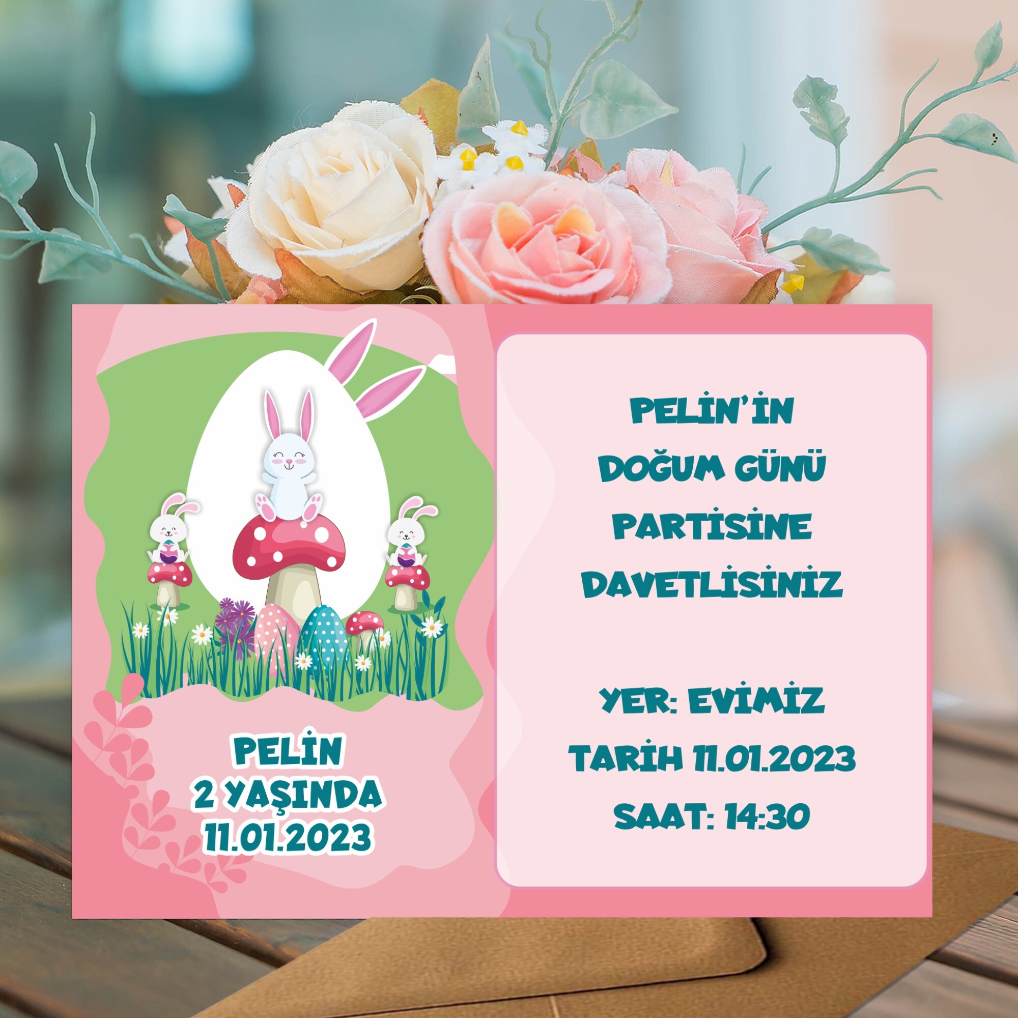 Tavşan Kız Temalı Parti Davetiyesi Zarf Dahil