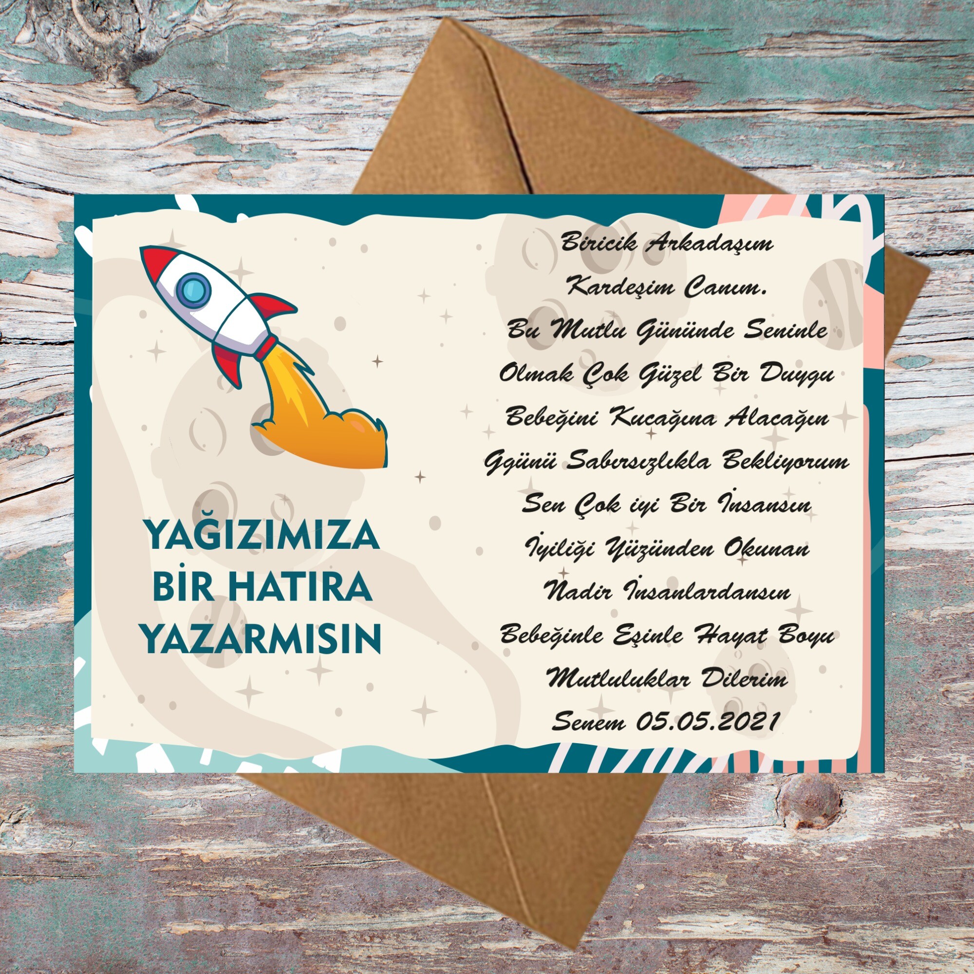 Roket Temalı Dilek Anı Hatıra Kartı Zarf Dahil