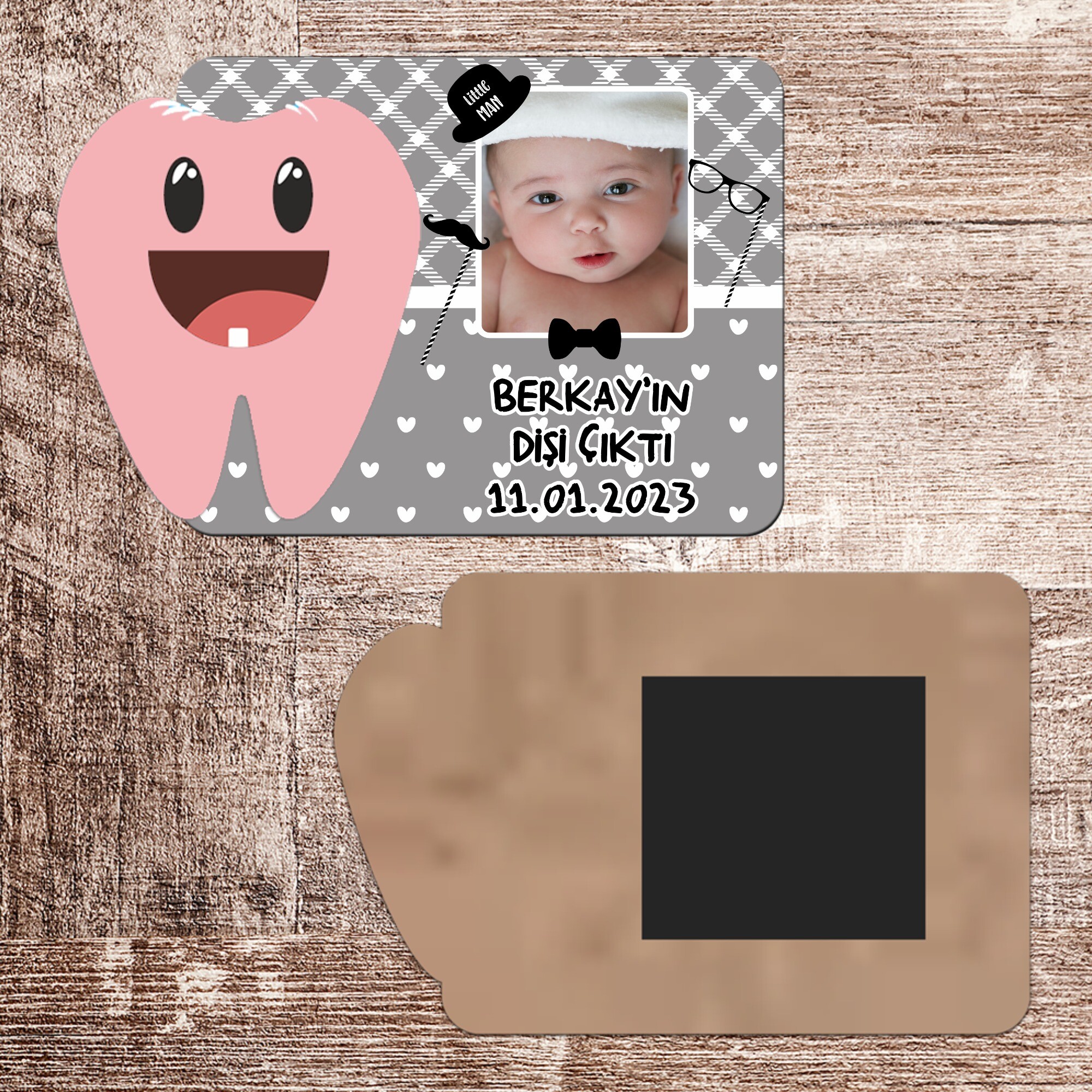 Little Man Küçük Adam İlk Diş Hatırası Pembe Diş Magnet Ahşap