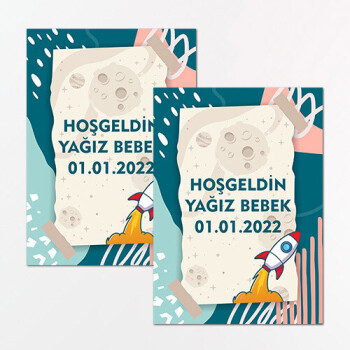 Roket Temalı Dikdörtgen Bebek Sticker Etiket