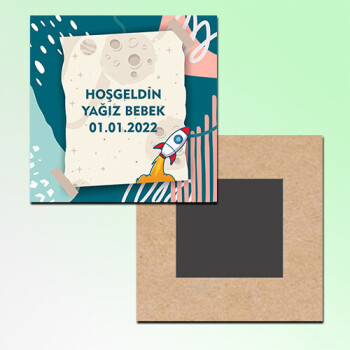 Roket Temalı Hoşgeldin Bebek Kare Ahşap Magnet
