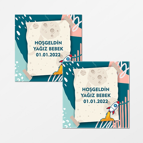 Roket Temalı Kare Bebek Etiketi