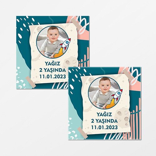 Roket Temalı Kare Doğum Günü Sticker