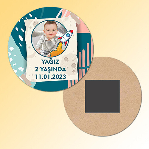 Roket Temalı Daire Ahşap Magnet