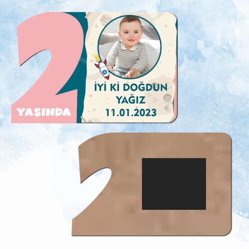 Roket Temalı 2 Yaş Pembe Rakam Ahşap Magnet