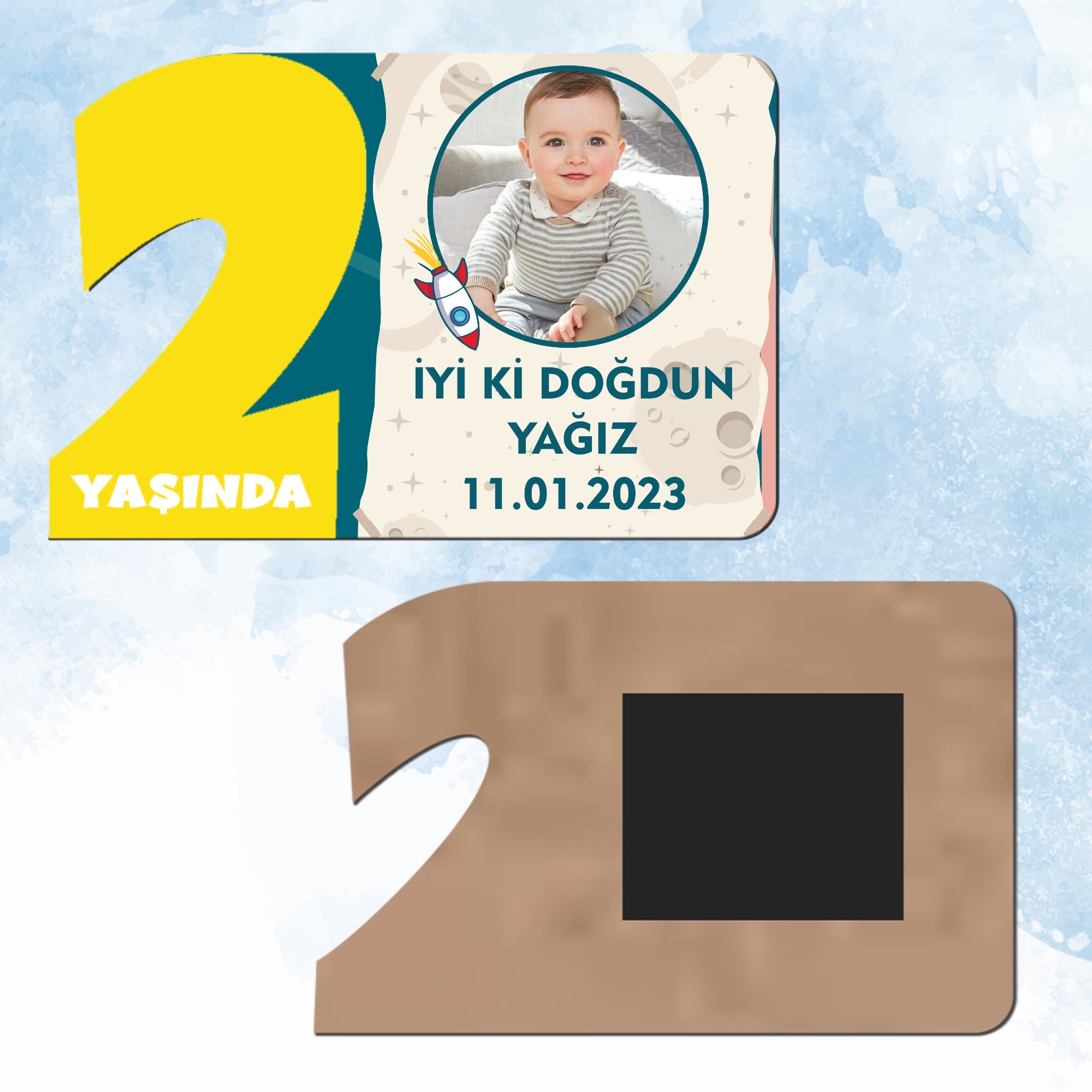Roket Temalı 2 Yaş Sarı Rakam Doğum Günü Magneti