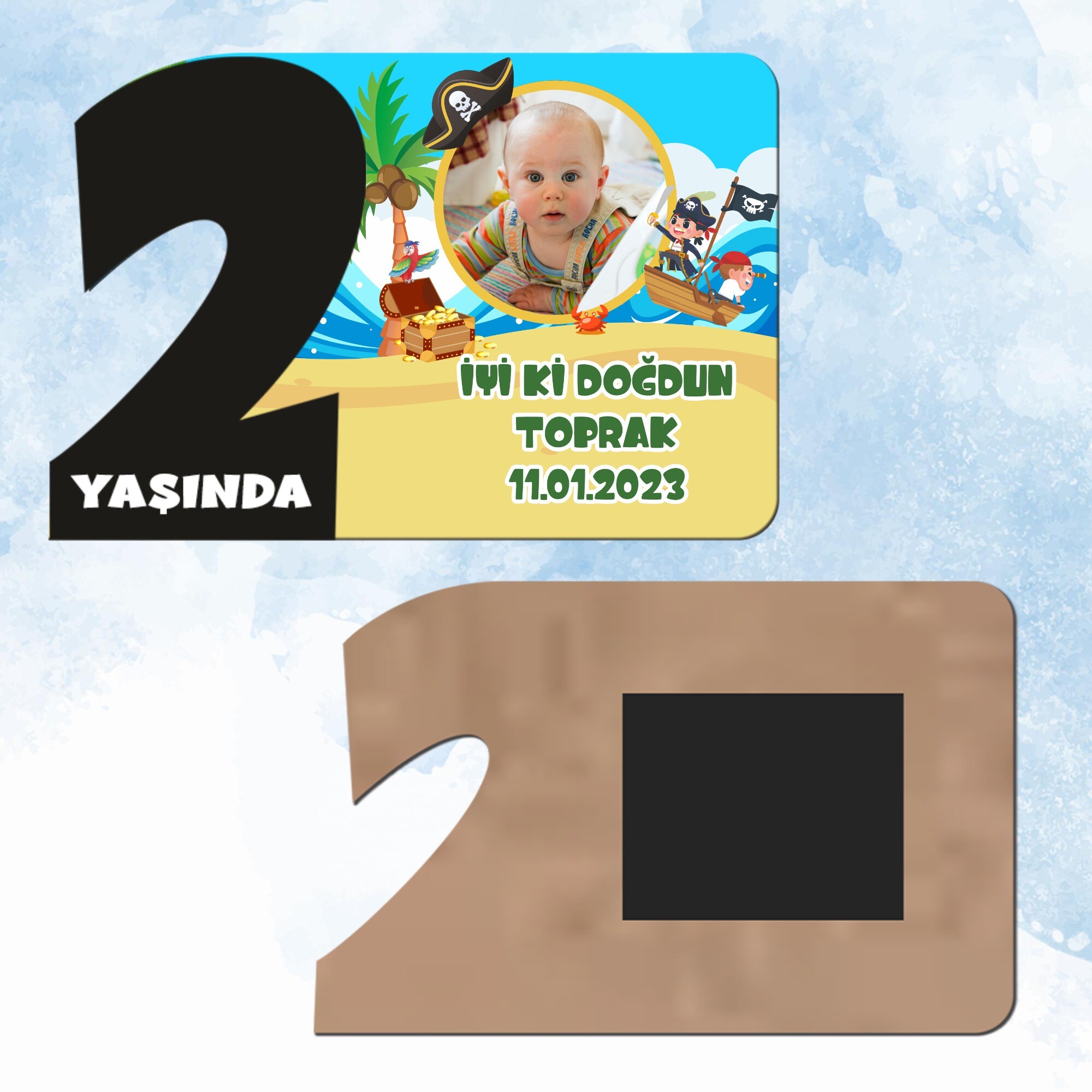 Korsan Temalı 2 Yaşında Siyah Rakam Magnet Ahşap