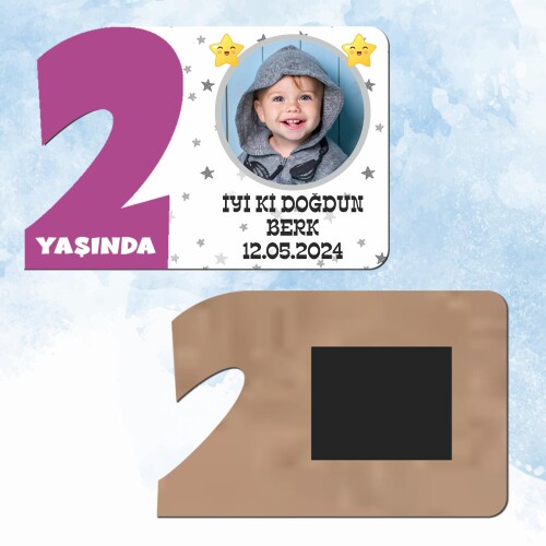 Star Temalı Mor Rakam 2 Yaşında Ahşap Hediye Magnet