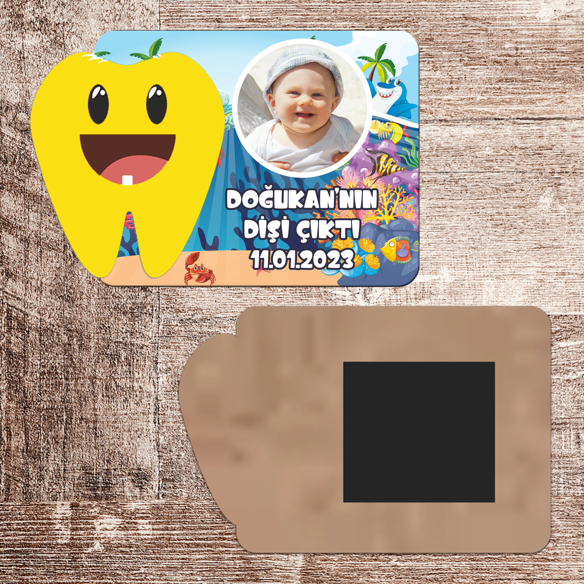 Deniz Canlıları Konsept Dişim Çıktı Ahşap Magnet Sarı Diş