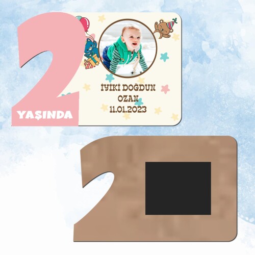 Ayı Figürlü 2 Yaş Pembe Rakam Ahşap Magnet