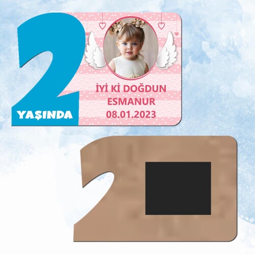 Melek Kanadı Temalı 2 Yaş Mavi Rakam Ahşap Magnet