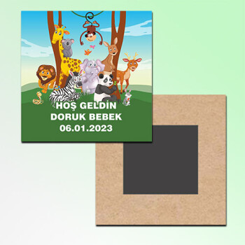 Safari Temalı Hoşgeldin Bebek Kare Ahşap Magnet