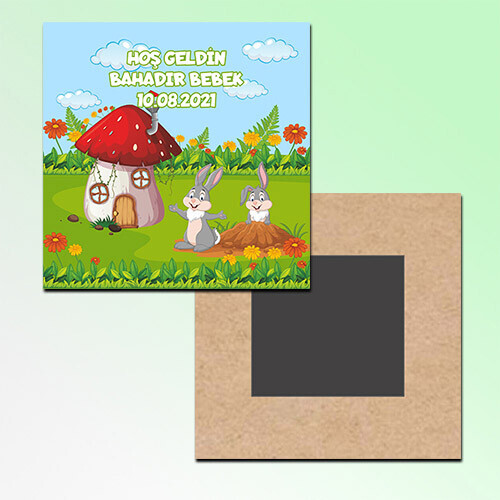 Sevimli Tavşan Hoşgeldin Bebek Kare Ahşap Magnet