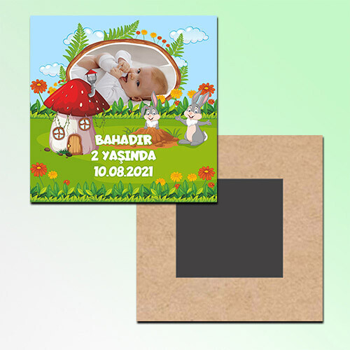 Sevimli Tavşan Kare Ahşap Magnet