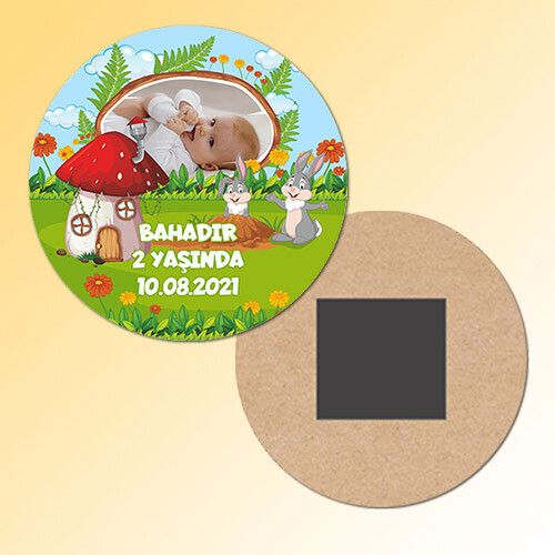 Sevimli Tavşan Daire Ahşap Magnet