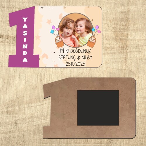 İkiz Bebek İlk Yaşım Hediyesi Mor 1 Rakam Ahşap Magnet