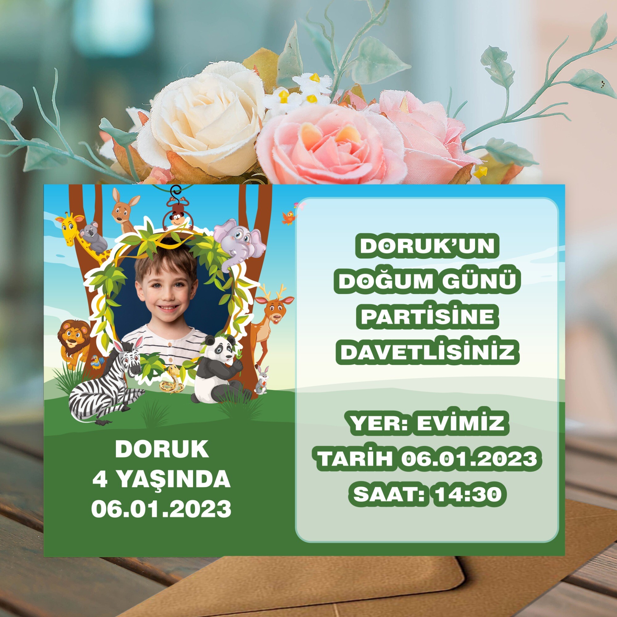 Safari Temalı Doğum Günü İçin Zarflı Davetiye