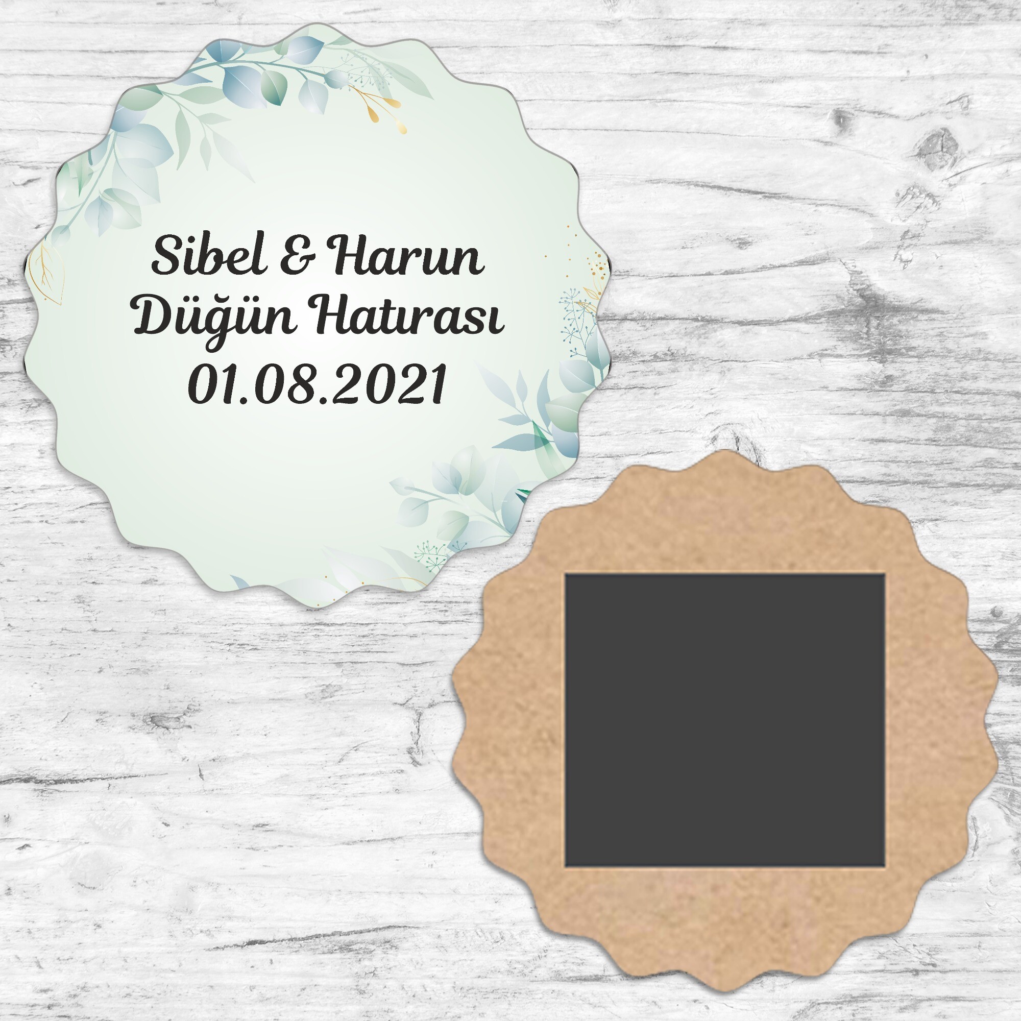 Su Yeşili Yapraklı Kına Düğün Dalgalı Ahşap Magnet