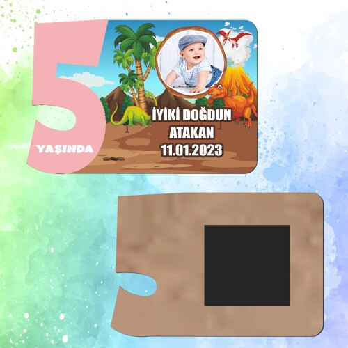 Dinazor Temalı 5 Yaş İçin Pembe Sayılı  Ahşap Magnet