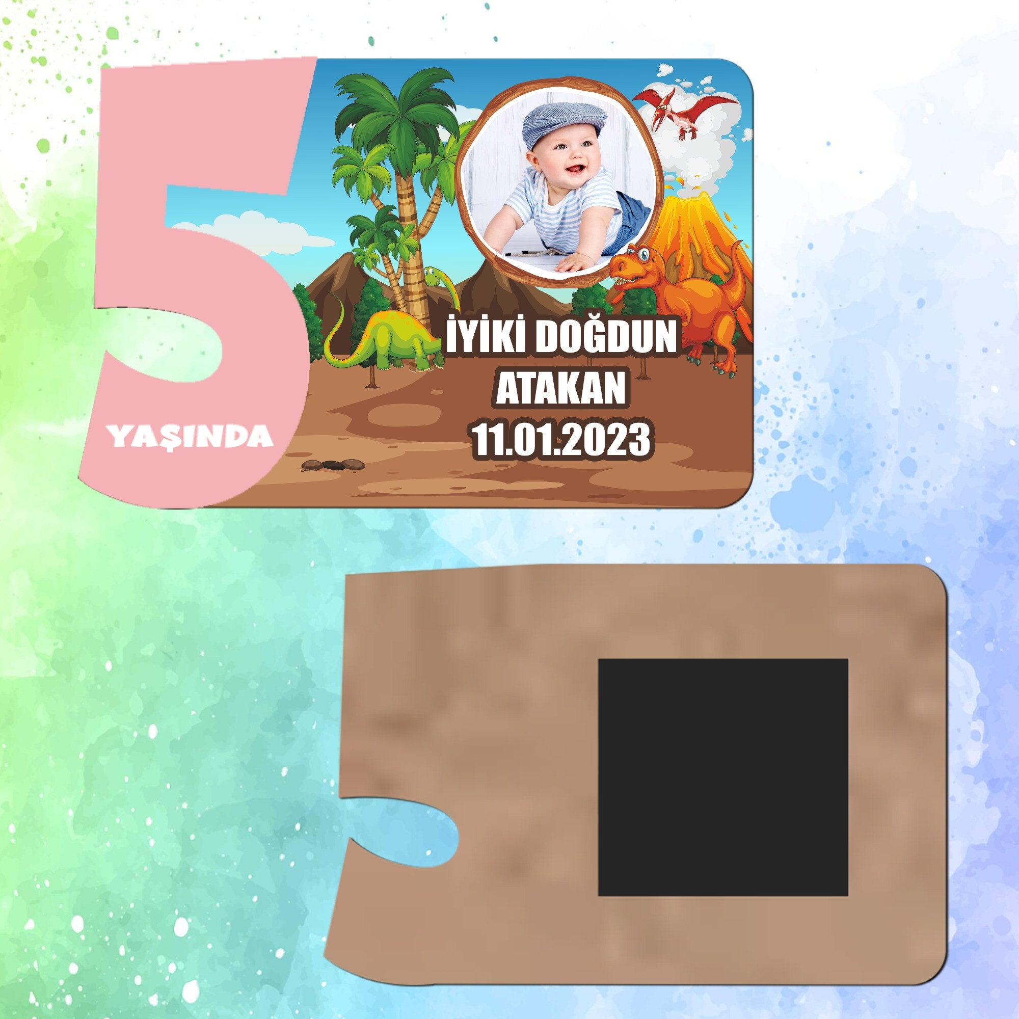 Dinazor Temalı 5 Yaş İçin Pembe Sayılı  Ahşap Magnet