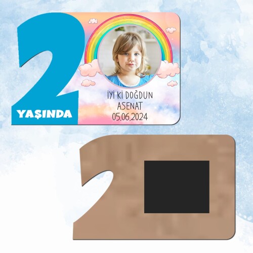 Gökkuşağı Temalı 2 Yaş Mavi Rakam Ahşap Magnet