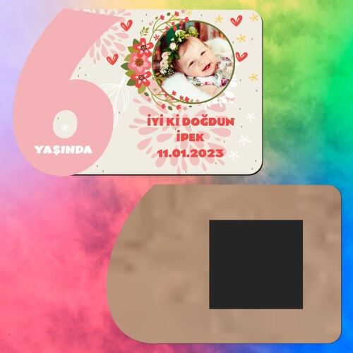 Çiçekli 6 Yaş Kız Çocuk Ahşap Pembe Rakam Magnet