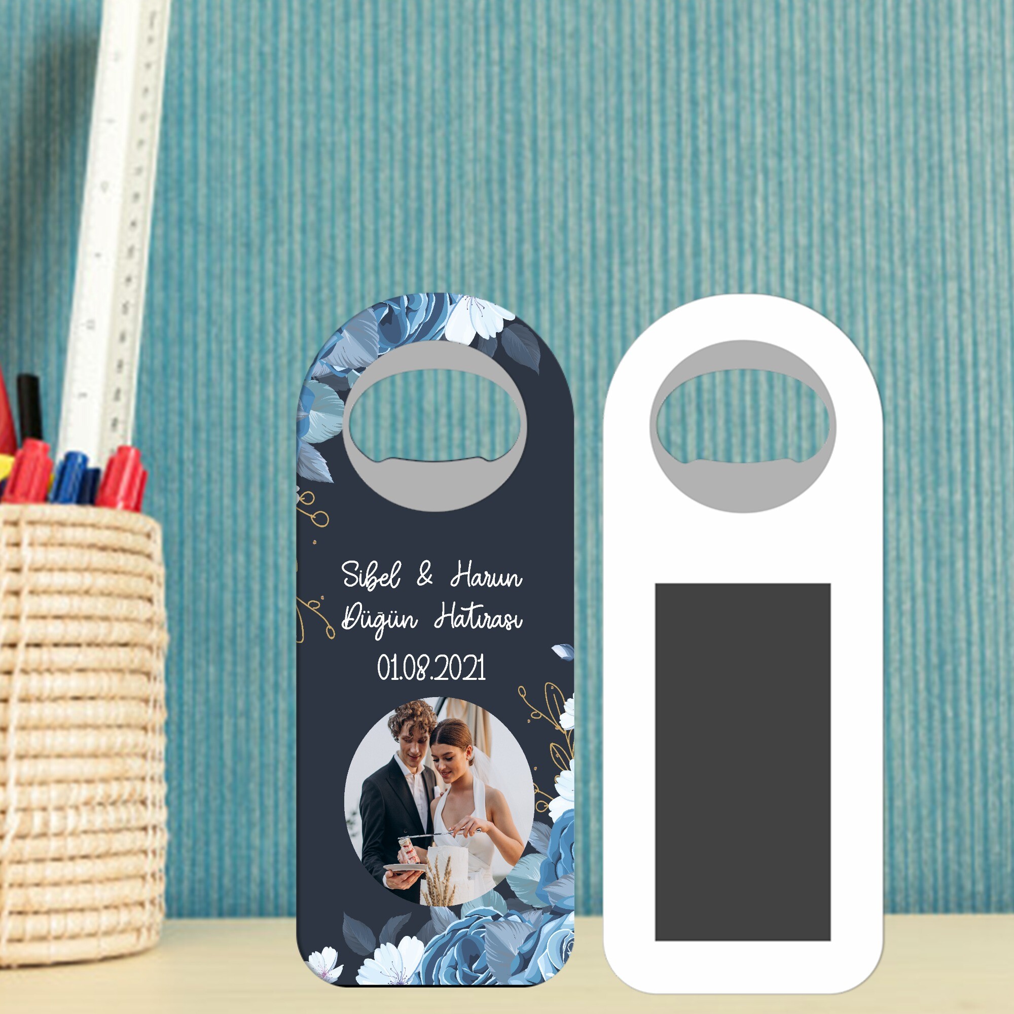 Mavi Çiçekli Uzun Oval Kına Nikah Düğün Magnet