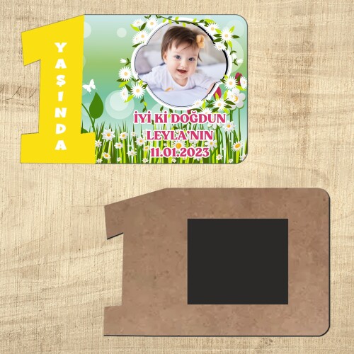 Papatya ve Laleli Sarı Rakamlı 1 Yaşında Magnet Ahşap