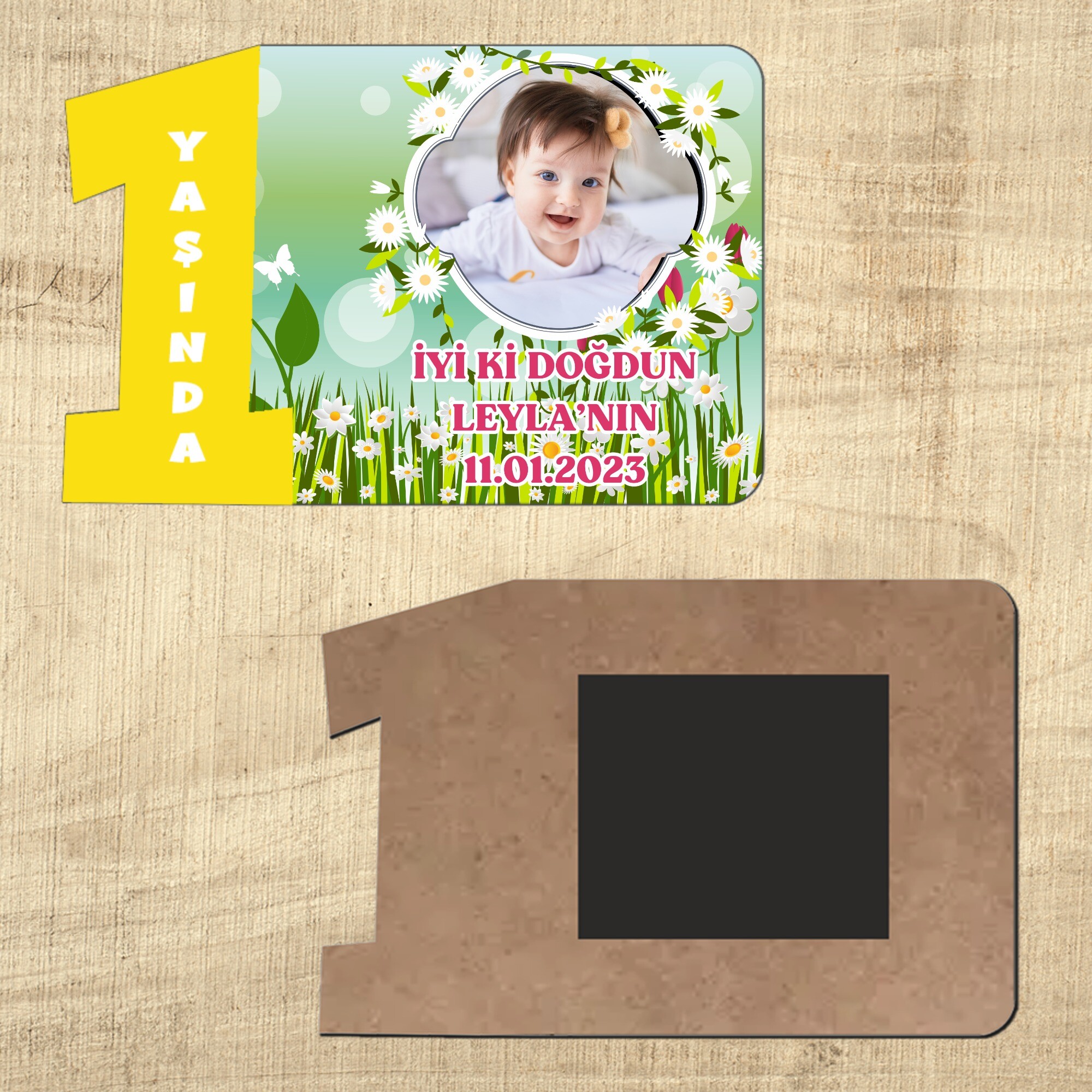 Papatya ve Laleli Sarı Rakamlı 1 Yaşında Magnet Ahşap