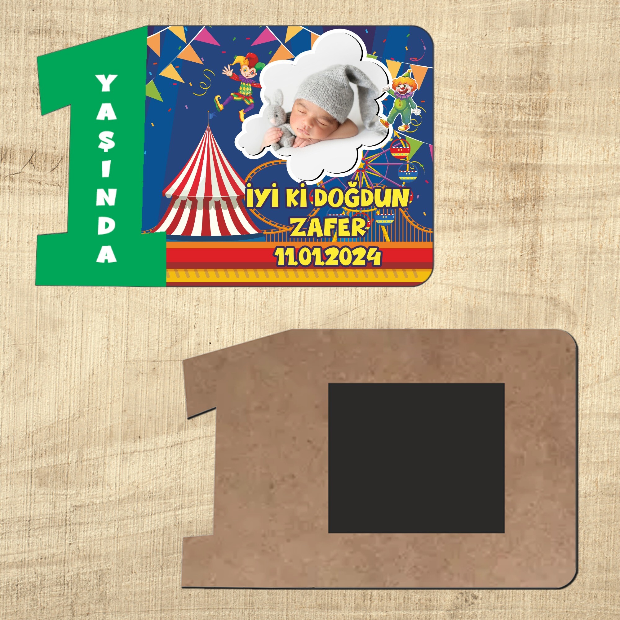 Palyaço Temalı 1. Yaş İçin Ahşap Yeşil Rakam Magnet