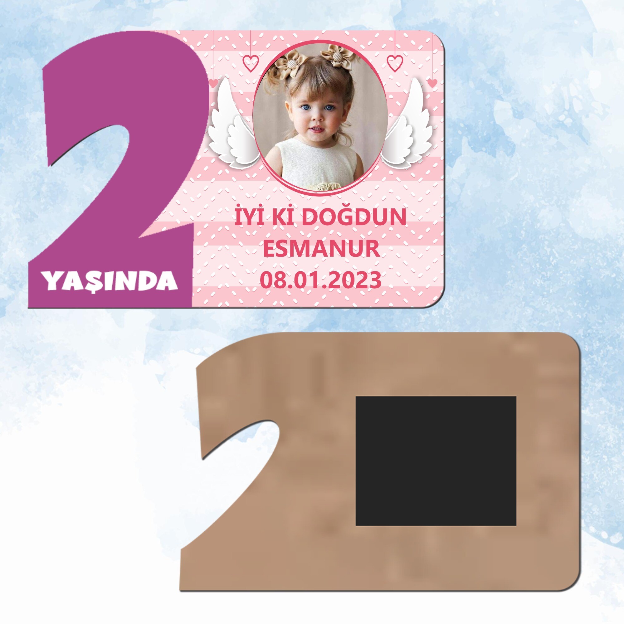 Melek Kanadı Temalı Mor Rakam 2 Yaşında Ahşap Hediye Magnet