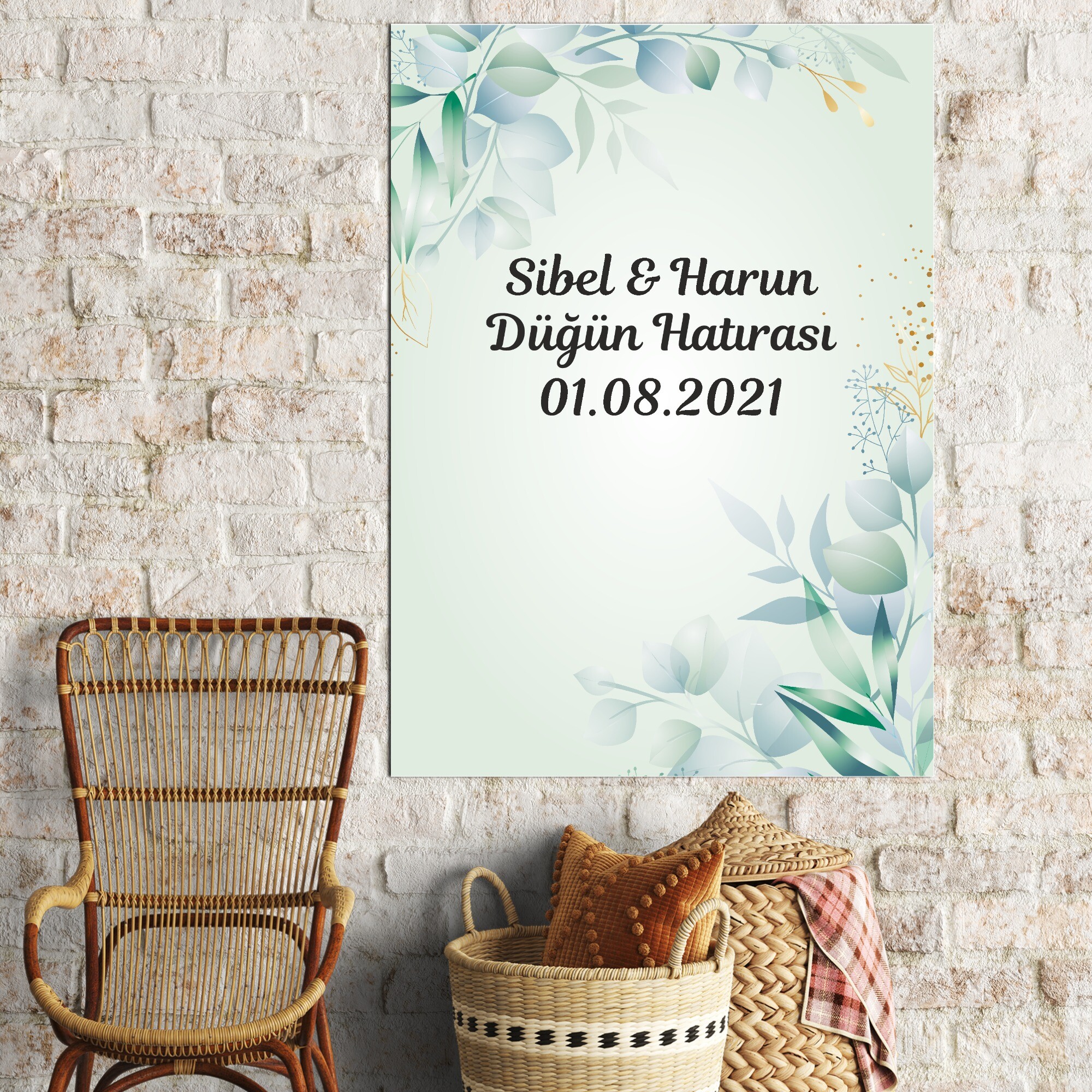 Su Yeşili Yapraklı Kına Düğün Karşılama Posteri