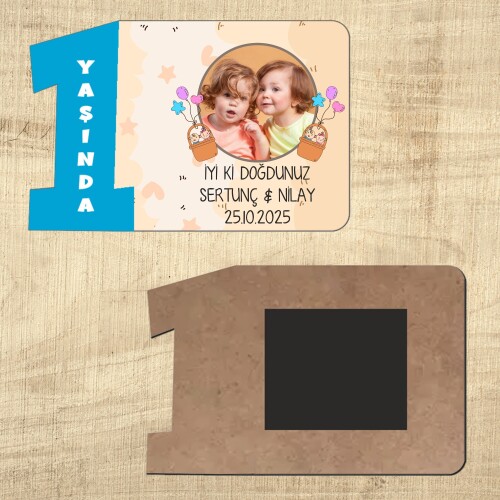 İkiz Bebek 1 Yaş Mavi Rakamlı Ahşap Magnet
