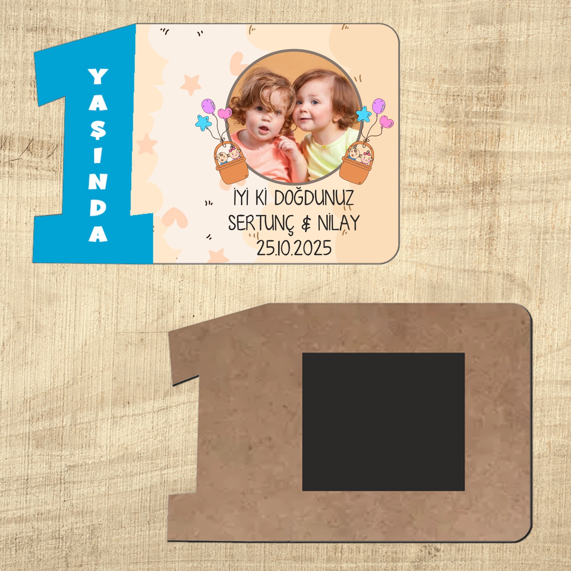 İkiz Bebek 1 Yaş Mavi Rakamlı Ahşap Magnet
