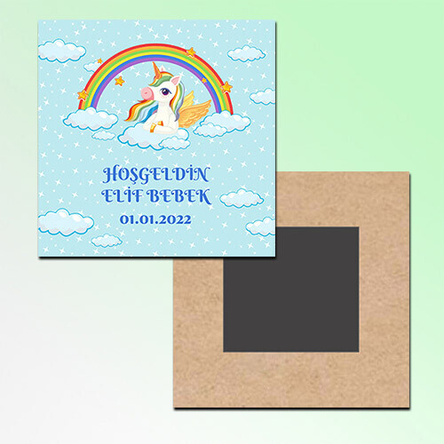 Unicornlu Hoşgeldin Bebek Kare Ahşap Magnet
