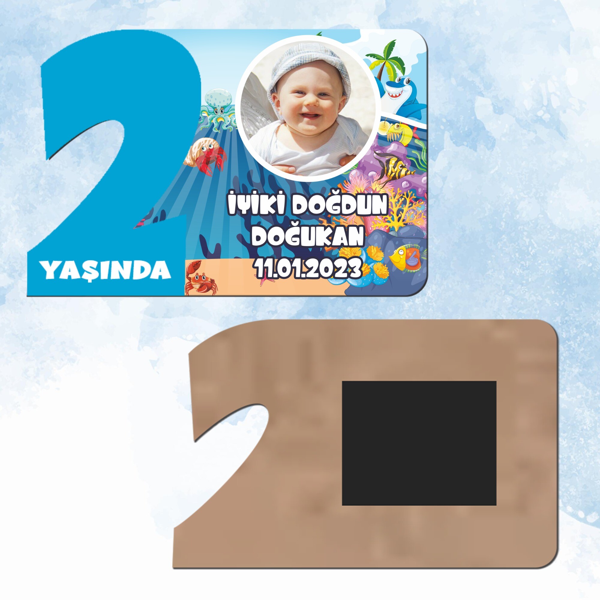 Deniz Canlıları Konsept 2 Yaş Mavi Rakam Ahşap Magnet