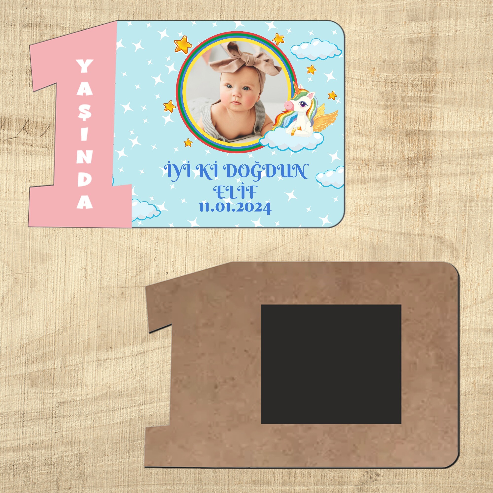 Unicornlu 1 Yaşında Ahşap Pembeli Magnet