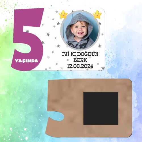 Star Temalı Mor Rakamlı 5 Yaşında Magnet Ahşap