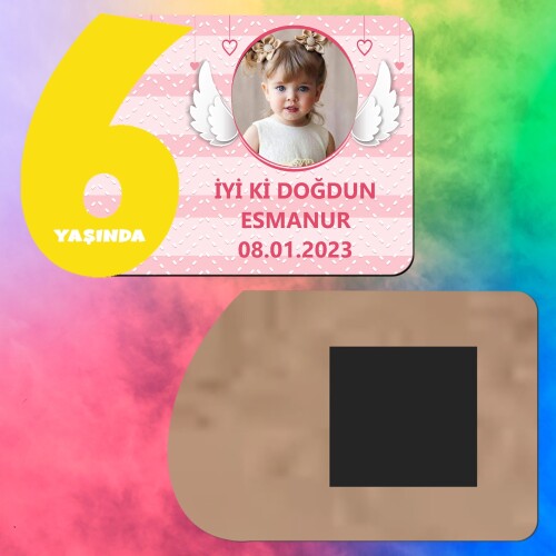 Melek Kanadı Temalı 6 Yaş Sarı Rakamlı Çocuk Magneti Ahşap