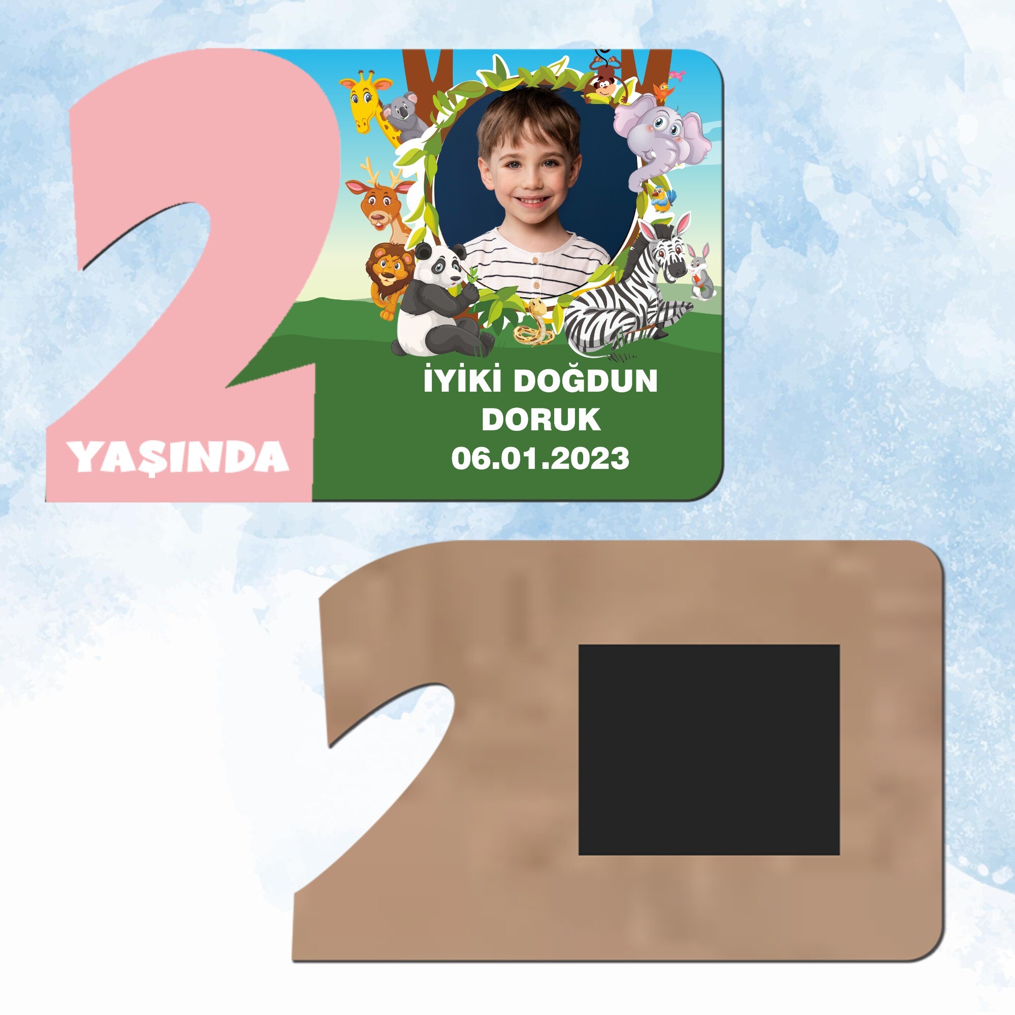 Safari Temalı 2 Yaş Pembe Rakam Ahşap Magnet