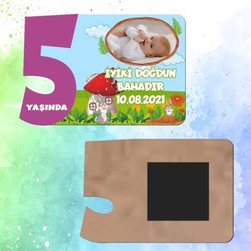 Sevimli Tavşan Mor Rakamlı 5 Yaşında Magnet Ahşap