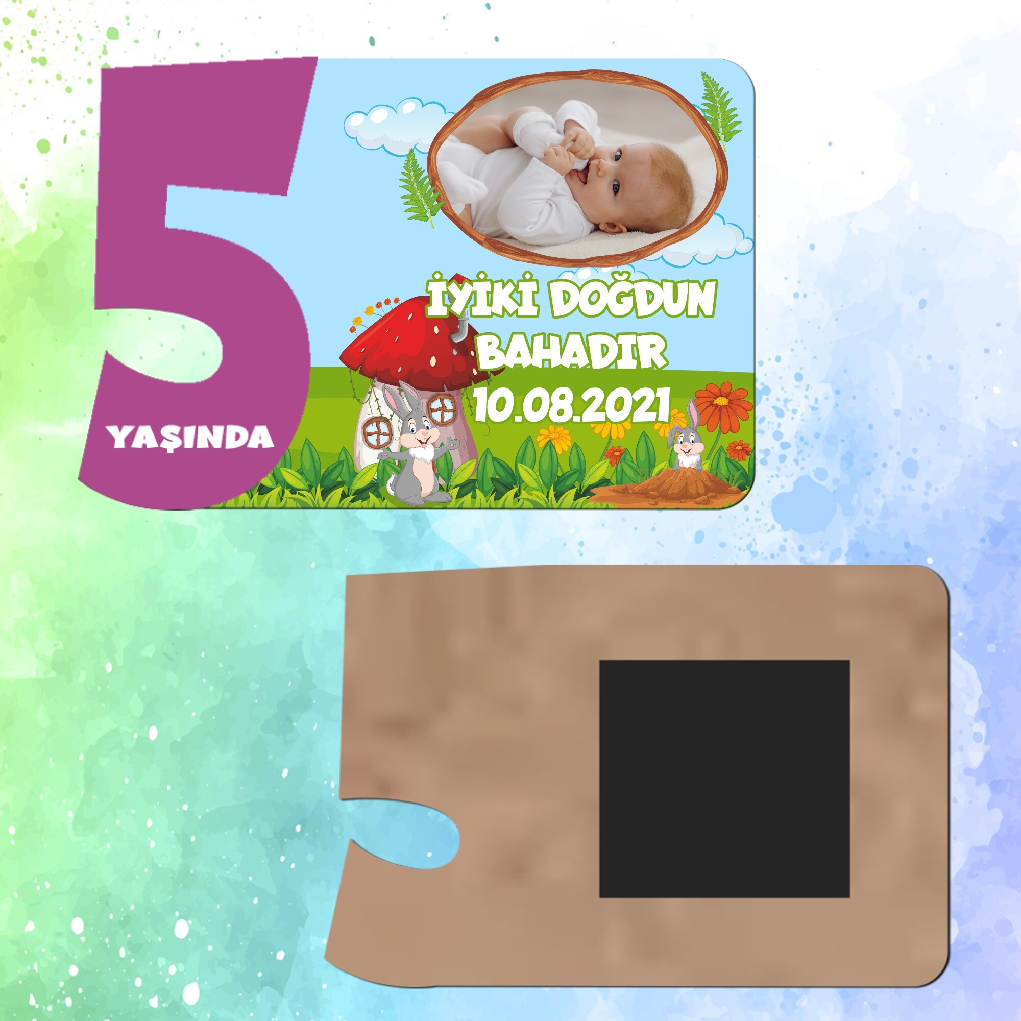 Sevimli Tavşan Mor Rakamlı 5 Yaşında Magnet Ahşap