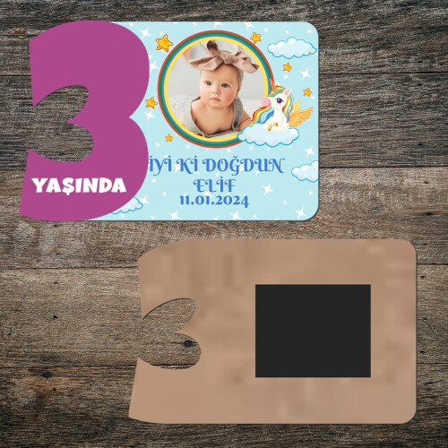 Unicornlu 3 Yaşında Mor Rakam Ahşap Magnet