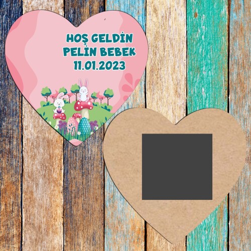 Tavşan Kız Temalı Ahşap Kalp Magnet