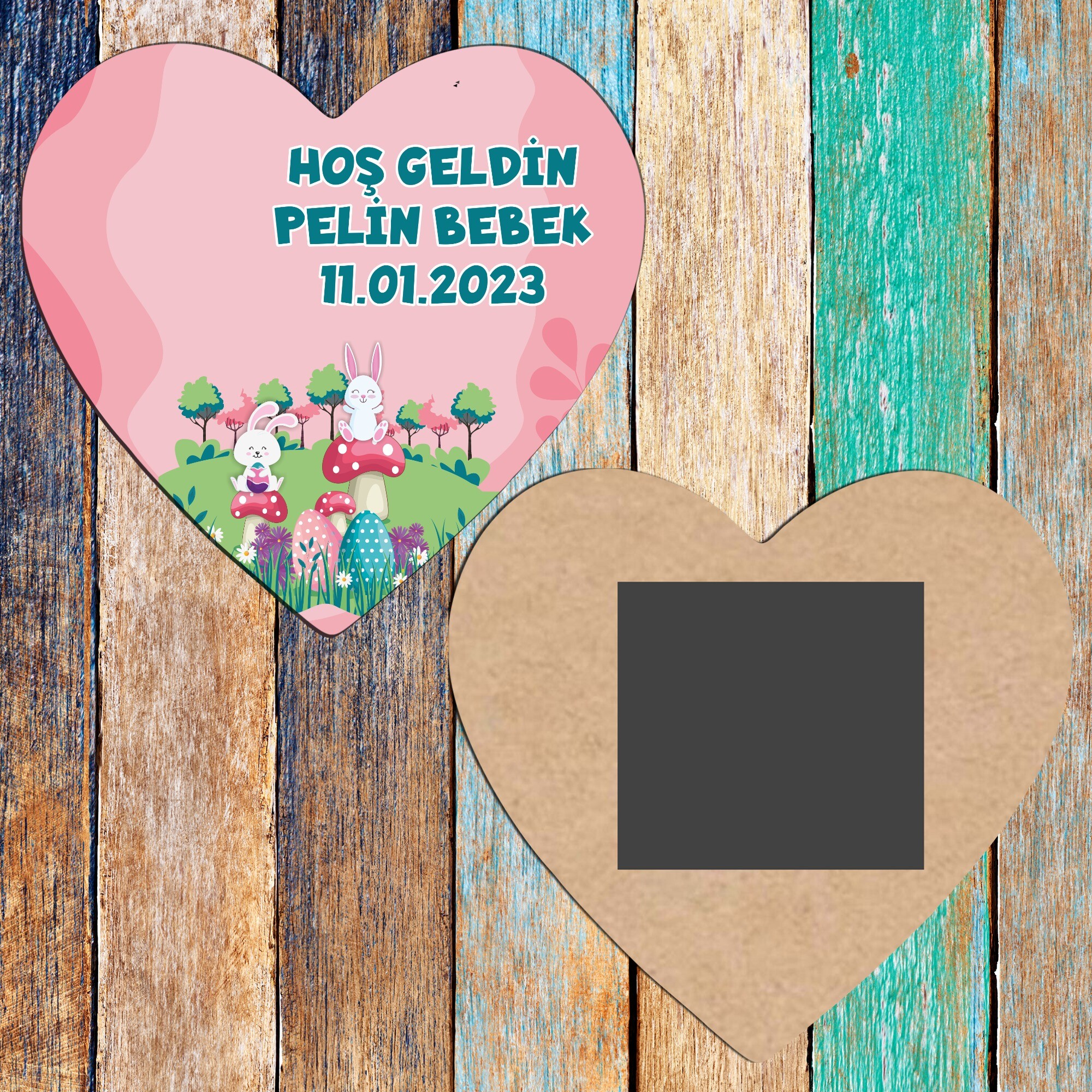 Tavşan Kız Temalı Ahşap Kalp Magnet