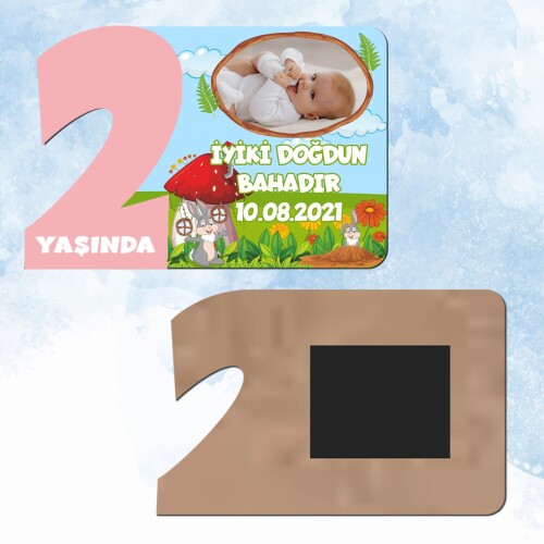 Sevimli Tavşan 2 Yaş Pembe Rakam Ahşap Magnet