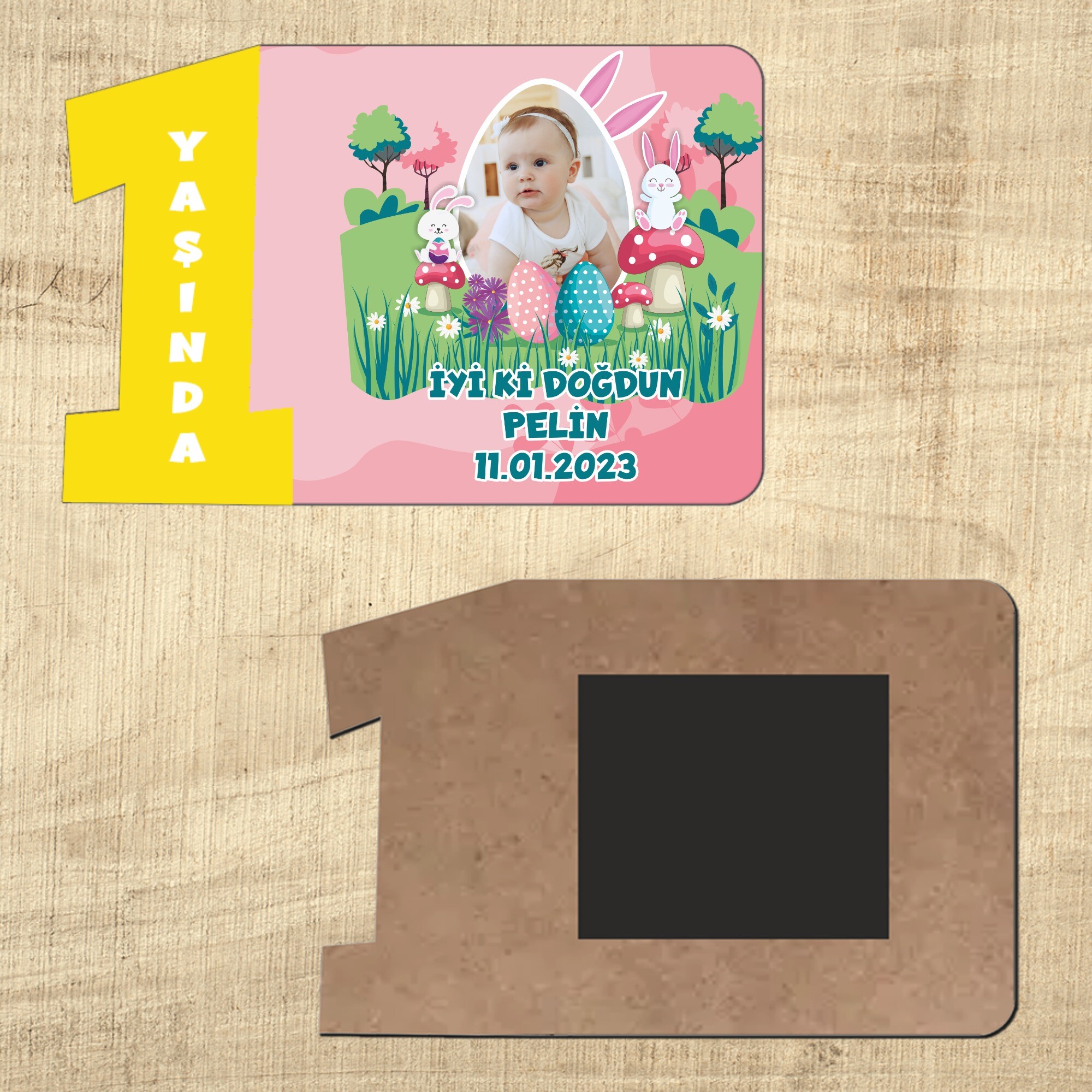 Tavşan Kız Temalı Sarı Rakamlı 1 Yaşında Magnet Ahşap
