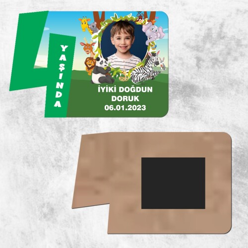 Safari Temalı 4 Yaş İçin Yeşil Rakamlı Ahşap Resim Magnet