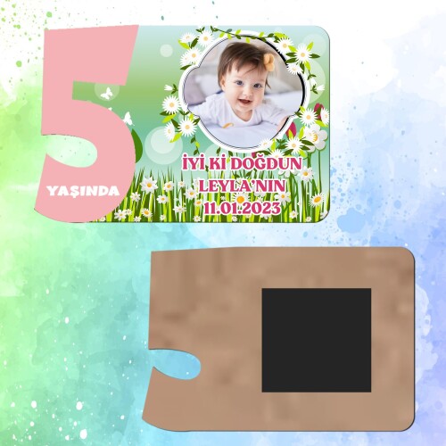 Papatya ve Laleli 5 Yaş İçin Pembe Sayılı  Ahşap Magnet