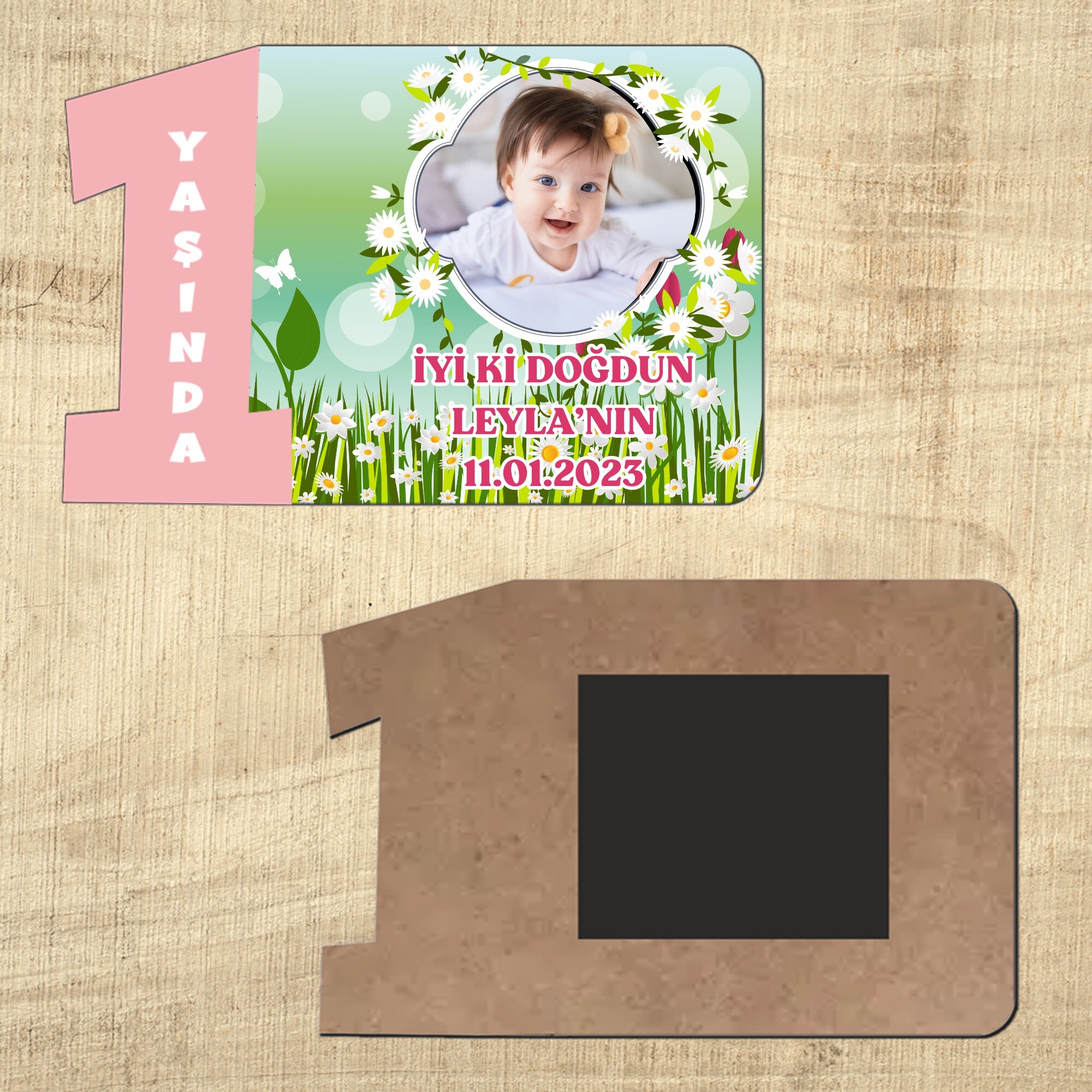 Papatya ve Laleli 1 Yaşında Ahşap Pembeli Magnet